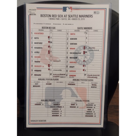 MLB Boston Red Sox Official Game Used Lineup Card 3/29/19 Betts Devers...